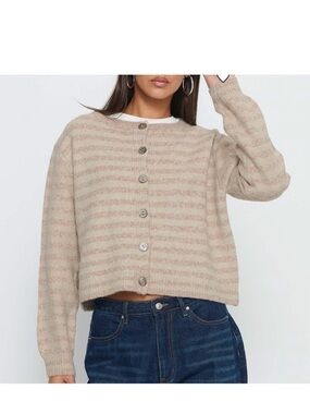 Princess Polly Beige Striped Button-Front Cardigan